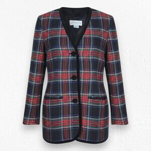 Vintage 90s Black Red Tartan Plaid Wool Blend Velvet Trim V-Neck Blazer Size 4